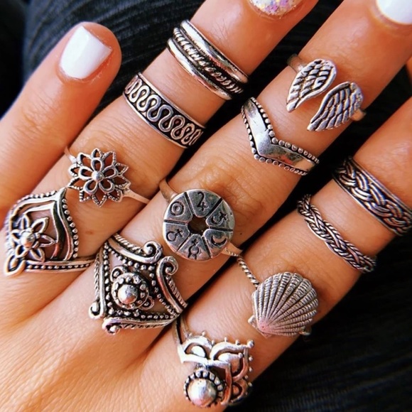 Jewelry - Astro 14pc Silver Tone Ring Set Wings Seashell